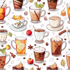Seamless Pattern of Colorful Hot Drinks Illustrations Perfect for Wrapping Paper or Fabric Design
