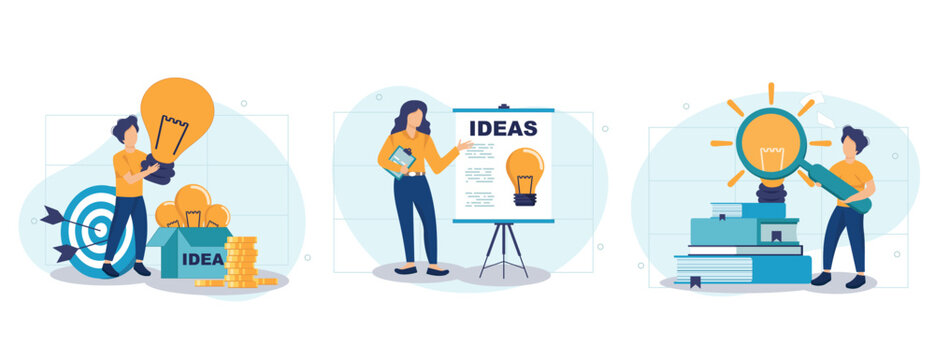 Finding ideas concept isolated person situations. Collection of scenes with people come up with new ideas, brainstorm, develop project plan and strategy. Vector illustration in flat design