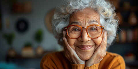 An elderly woman, wearing orange glasses and a matching sweater, smiling warmly with her hands on her cheeks. The background is softly blurred,Joyful expression and the comforting atmosphere.