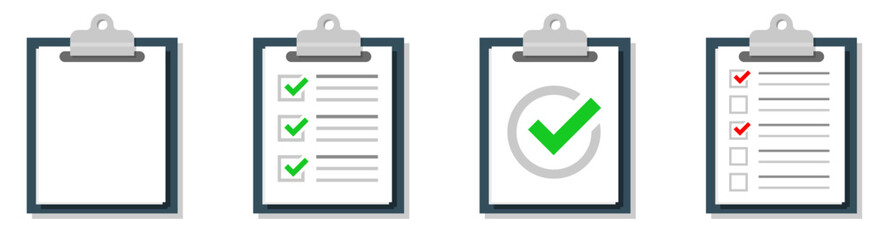 Clipboard with checklist icon set. Flat design style. Round icon. Checklist complete tasks, to-do list, survey, exam icons. Vector illustration