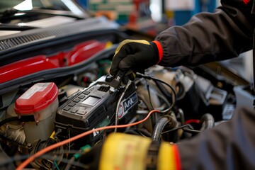 Technician Using Diagnostic Tool to Check Car Engine Performance in a Service Garage