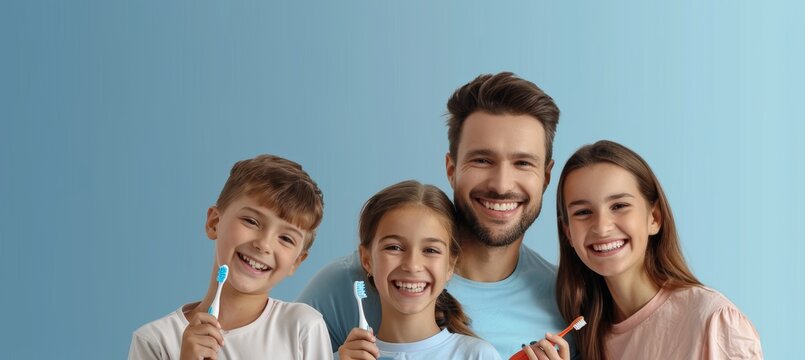 Smiling Family Enjoying Brushing Teeth Together, Perfect for Dental Health Campaign Posters