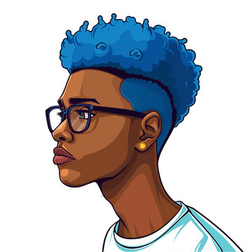 recommend clip art: young african man with blue hair wearing glasses . png . clip art . vector cartoon art style . remove background 