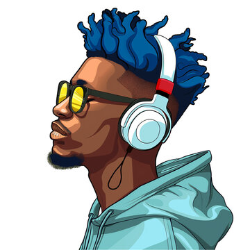 recommend clip art: young african man with blue hair wearing glasses and headphones  . png . clip art . vector cartoon art style . remove background 