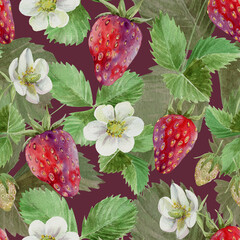 ripe strawberries with flowers and foliage, seamless pattern on a dark background, drawn in watercolor for the design of labels, menus, cards