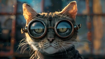 Illustration of a cat wearing steampunk glasses. Ai generated image