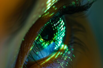 Close-up view of a human eye reflecting digital binary code