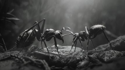 Fototapeta premium Cinematic ants facing of in a duel of good and evil. Epic b/w color