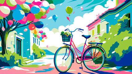 Fototapeta premium Vibrant Street Scene with Colorful Balloons and Bicycle