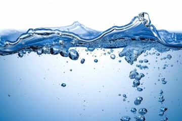 Crystal clear blue water wave with bubbles and splashes