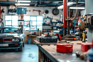 Fototapeta premium Professional Garage Workbench with Organized Car Maintenance Tools for Effective Repairs