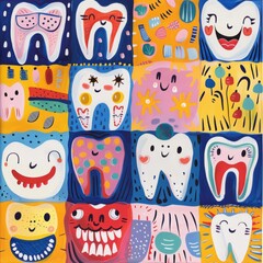 Colorful and Fun Artistic Representation of Children's Dental Care with Smiling Tooth Characters