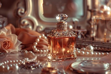 Luxurious Perfume Bottle Display with Pearls and Antique Mirrors - Perfect for Elegant Decor
