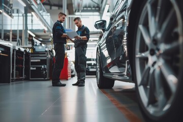 Automotive Technician Explaining Car Maintenance Report to a Customer in Modern Auto Service Center