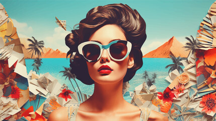 Summer collage vacation women trendy with paper cut style illustration