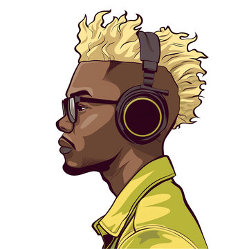 recommend clip art: young african man with blonde hair wearing headphones and glasses . png . clip art . vector cartoon art style . remove background 