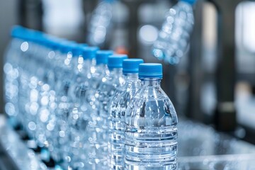 Close-up of plastic water bottles in production line at beverage factory