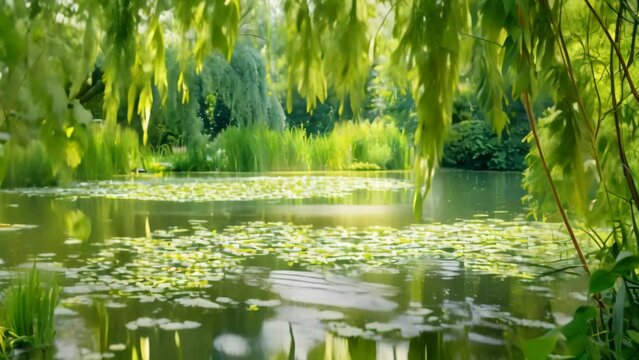 A pond with water lilies, surrounded by weeping willow trees, A tranquil pond surrounded by weeping willows and shimmering green foliage
