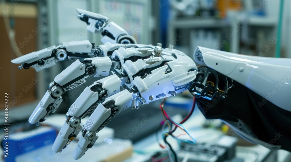 Poster robot hand with wires attached to arm in medical technology concept with advanced artificial intelli