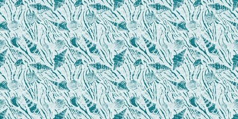 Teal turquoise blue white shell motif with linen seamless batik border background. Modern coastal beach cottage rustic shell block print home decor pattern design in sealife banner beach style. 