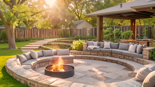 A patio features a fire pit surrounded by comfortable seating for outdoor gatherings, A tranquil retreat with a sunken outdoor lounge area, firepit, and outdoor kitchen for entertaining guests
