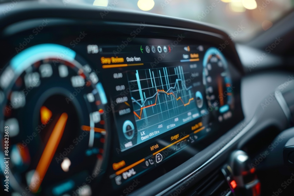 Poster digital diagnostic tool displaying vehicle metrics on car dashboard at night