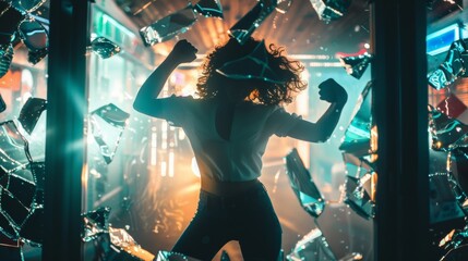 Dynamic young adult dancing amid vibrant nightclub lights