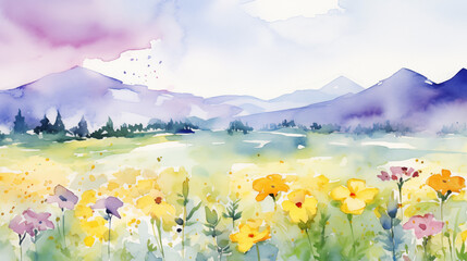 Fototapeta premium Watercolor summer landscape with flowers and mountans