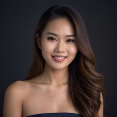 Naklejka premium Pretty Asian beauty woman long hair with japanese makeup glowing face and healthy facial skin portrait smile on isolated dark background