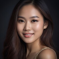 Fototapeta premium Pretty Asian beauty woman long hair with japanese makeup glowing face and healthy facial skin portrait smile on isolated dark background