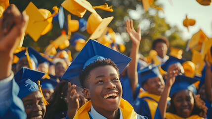 mixed crowd of black boys and girls high school graduates in their cap and gowns colored yellow blue and white, extremely over joyed