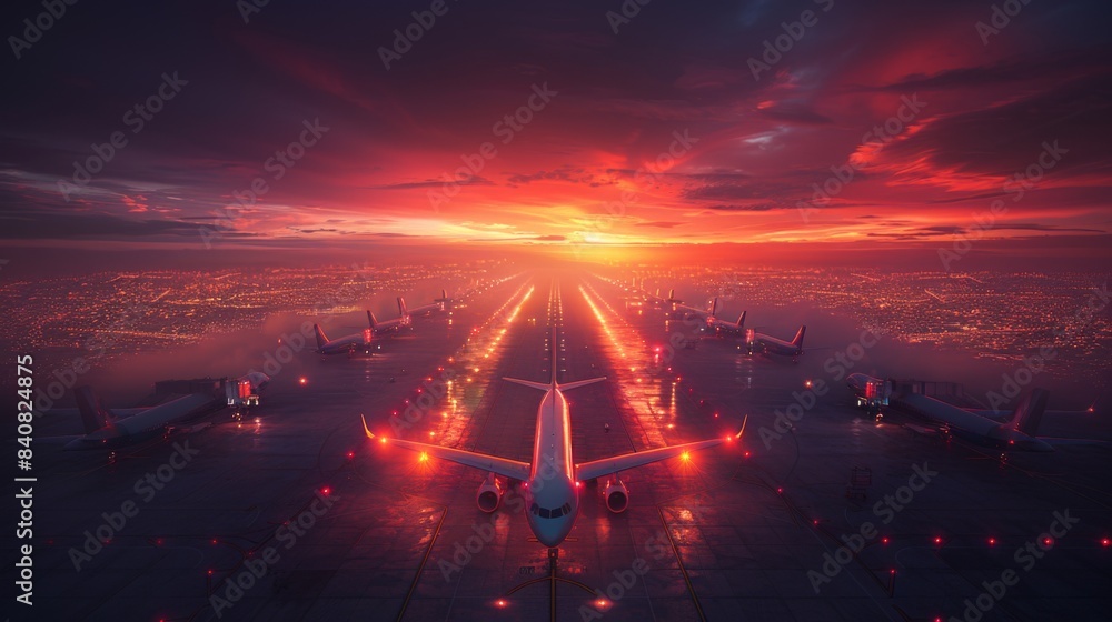 Poster design an aerial perspective of airport run-up areas, with pilots performing pre-flight checks and e