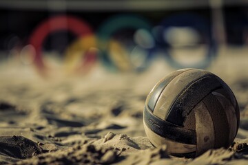 Warm Beach Volleyball Sunset with Olympic Rings in Background, Ideal for Sports Event Promotions