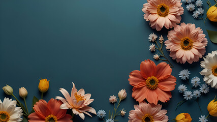 Flowers on blue background with copy space. Abstract natural floral frame layout. Wedding invitation. International Women day, Mother Day concept