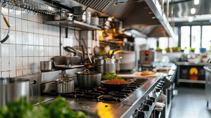Commercial kitchen with stainless steel - empty kitchen filled with everything a restaurant or food business needs