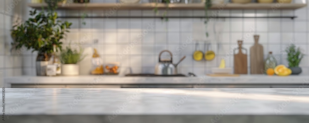 Wall mural a kitchen counter with a wooden top and a variety of potted plants and bowls. scene is warm and invi