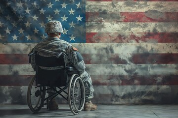 Obraz premium A soldier sits in a wheelchair, facing a weathered American flag, reflecting on his service and the sacrifices made.
