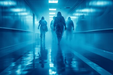 Fototapeta premium Blurred hospital corridor with healthcare professionals hustling