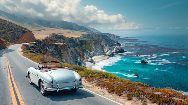 Fototapeta Blue Convertible Car Driving Along Coastal Highway With Ocean Views