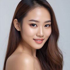 Fototapeta premium Pretty Asian beauty woman long hair with japanese makeup glowing face and healthy facial skin portrait smile on isolated white background