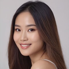 Fototapeta premium Pretty Asian beauty woman long hair with japanese makeup glowing face and healthy facial skin portrait smile on isolated white background