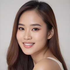 Obraz premium Pretty Asian beauty woman long hair with japanese makeup glowing face and healthy facial skin portrait smile on isolated white background