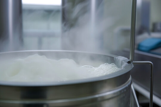 A large pot on a stove filled with white liquid undergoing rapid steam treatment.