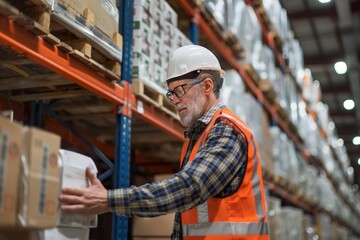 A man in a safety vest and hard hat arranges boxes on a high shelf in a warehouse.