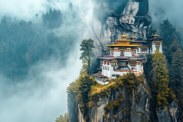 A stunning view of Tigers Nest Monastery, a sacred Buddhist temple perched high on a cliffside in Bhutan, shrouded in mist. - Powered by Adobe