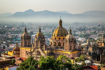 Obraz premium An aerial view of a grand cathedral with golden domes overlooking a sprawling city in Mexico.