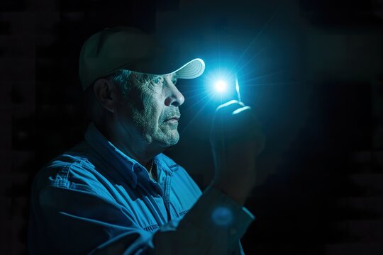 A man uses a headlamp to illuminate his surroundings in a dark environment.