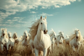 Obraz premium A close-up photograph of a white horse running in a field, with a herd of white horses in the background.