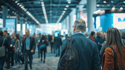 A bustling crowd of attendees walks through a large convention hall during a technology conference or expo