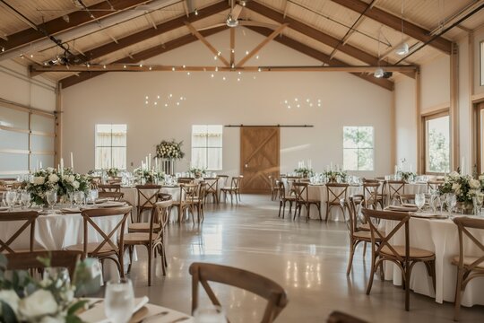A rustic banquet hall with round tables and chairs, set with white linens and floral centerpieces. The space is filled with natural light and a warm, inviting atmosphere.